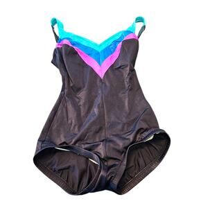 Vintage 1980s Slim-Allure Womens Sz 12 One Piece Swimsuit Black w/ Neon